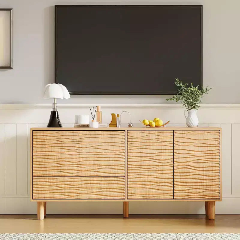 Buffet bahut de style Mid-century de 61 po, armoire de rangement de style campagnard avec 3 tiroirs, 2 portes à ouverture par poussée pour la salle à manger