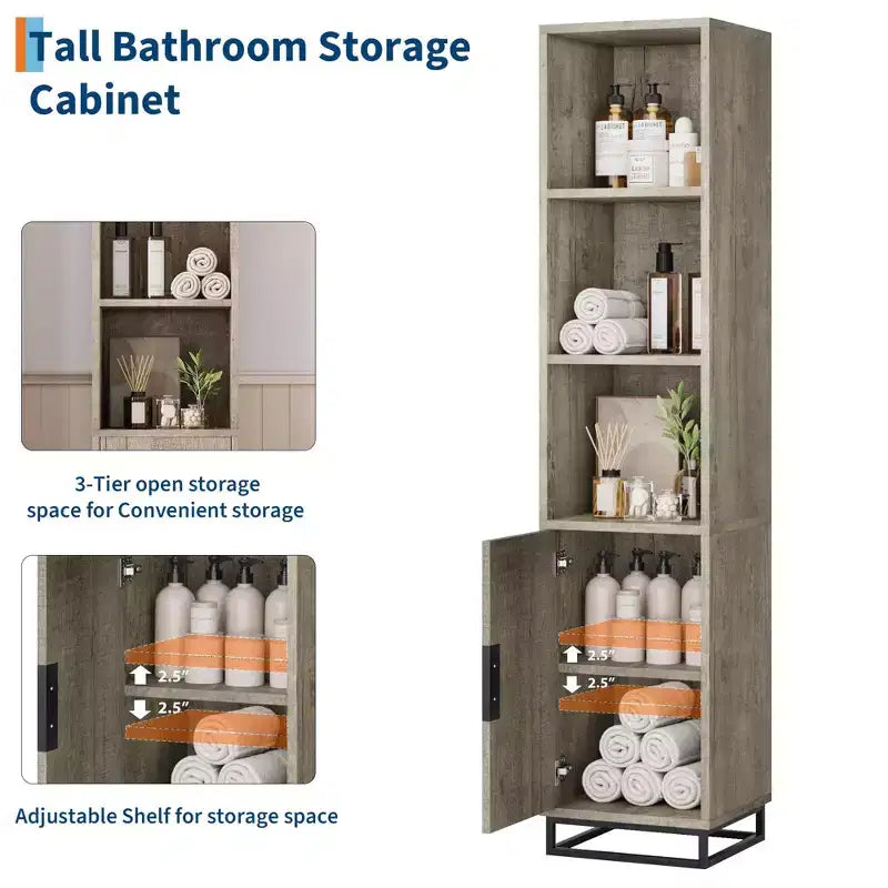 Meuble de salle de bain haut et étroit avec étagère réglable, organiseur de rangement autoportant pour buanderie et salon