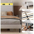Cadre de lit double moderne, Lit plateforme capitonné confortable avec sommier à lattes en bois, Lumières LED et station de charge, Aucun sommier tapissier requis, Montage facile, Beige