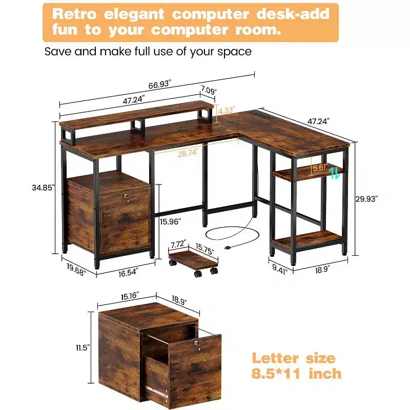 Bureau d'angle en L de 170 cm avec prises électriques et port USB-C, bureau d'ordinateur pour bureau à domicile avec tiroirs et support d'écran mobile pour jeux et écriture