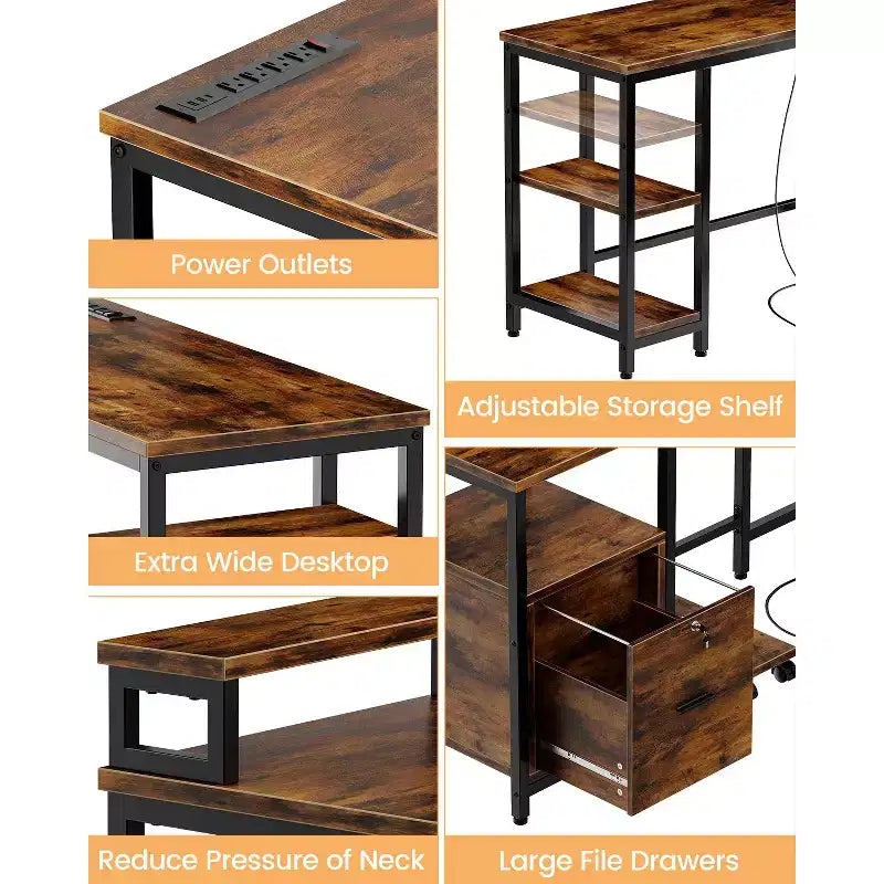 Bureau d'angle en L de 170 cm avec prises électriques et port USB-C, bureau d'ordinateur pour bureau à domicile avec tiroirs et support d'écran mobile pour jeux et écriture