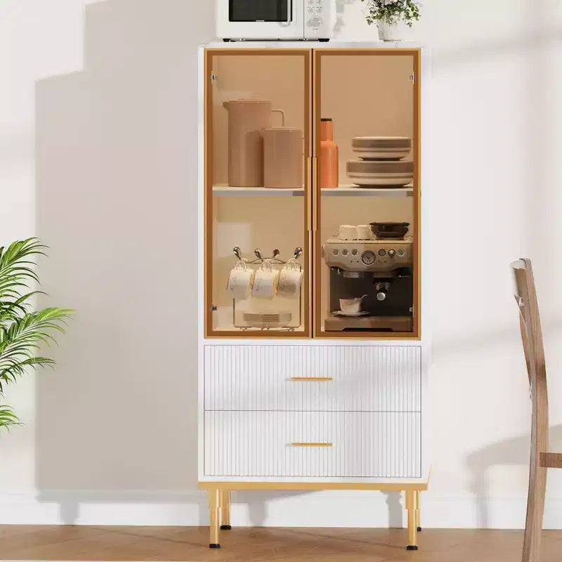 Vitrine cannelée avec porte en verre, meuble de rangement moderne avec 2 tiroirs pour salon et bureau