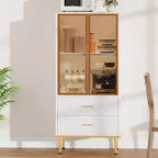 Vitrine cannelée avec porte en verre, meuble de rangement moderne avec 2 tiroirs pour salon et bureau