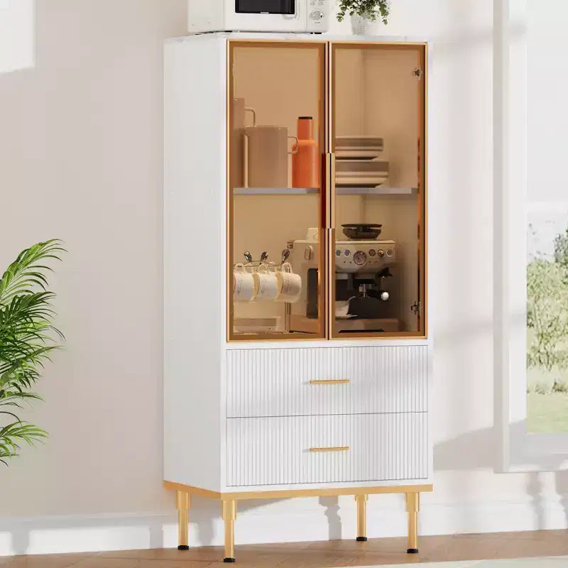 Vitrine cannelée avec porte en verre, meuble de rangement moderne avec 2 tiroirs pour salon et bureau