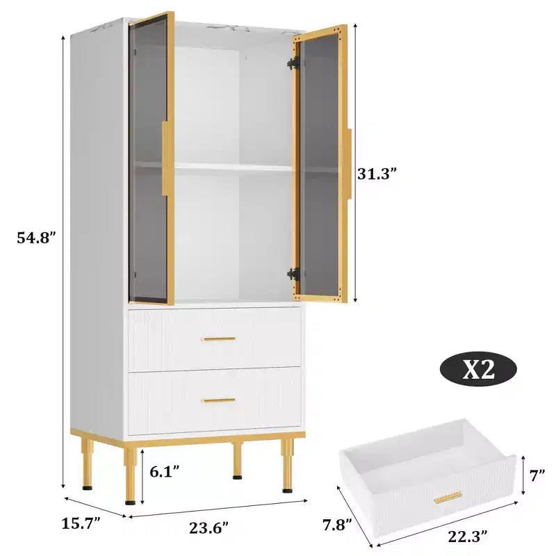 Vitrine cannelée avec porte en verre, meuble de rangement moderne avec 2 tiroirs pour salon et bureau