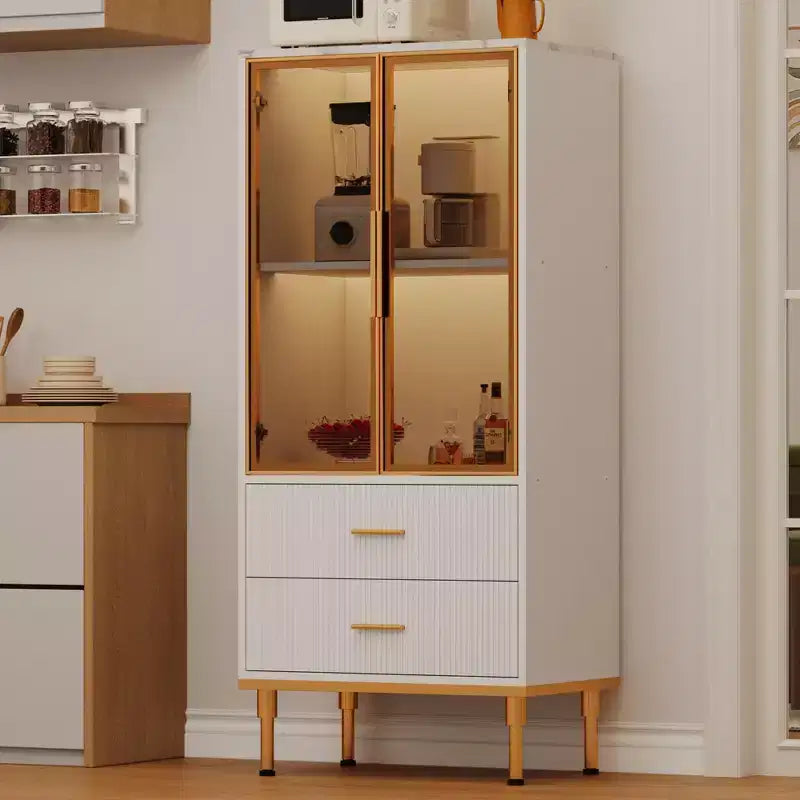 Vitrine cannelée avec porte en verre, meuble de rangement moderne avec 2 tiroirs pour salon et bureau