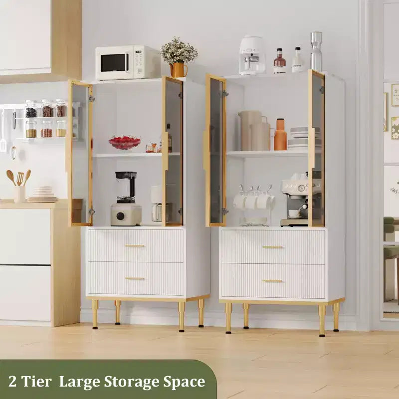 Vitrine cannelée avec porte en verre, meuble de rangement moderne avec 2 tiroirs pour salon et bureau
