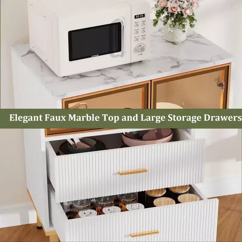 Vitrine cannelée avec porte en verre, meuble de rangement moderne avec 2 tiroirs pour salon et bureau