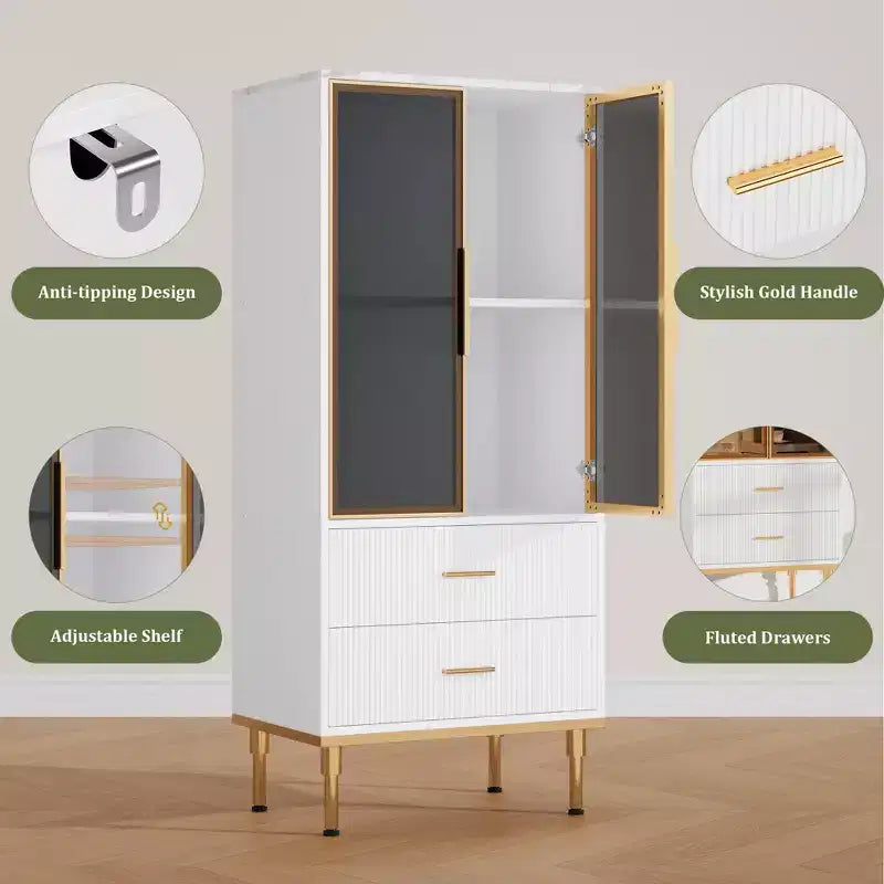 Vitrine cannelée avec porte en verre, meuble de rangement moderne avec 2 tiroirs pour salon et bureau