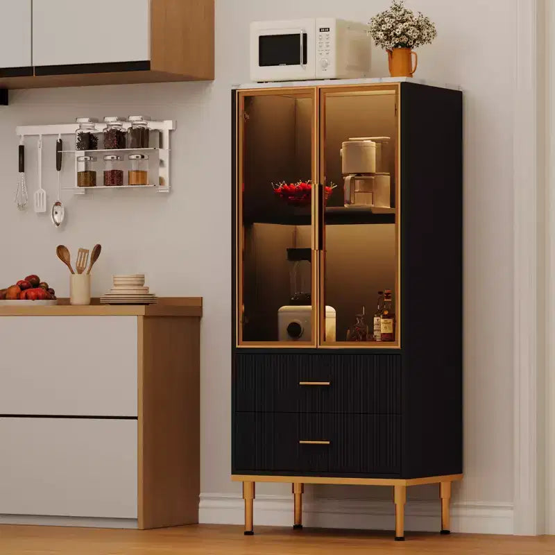 Vitrine cannelée avec porte en verre, meuble de rangement moderne avec 2 tiroirs pour salon et bureau