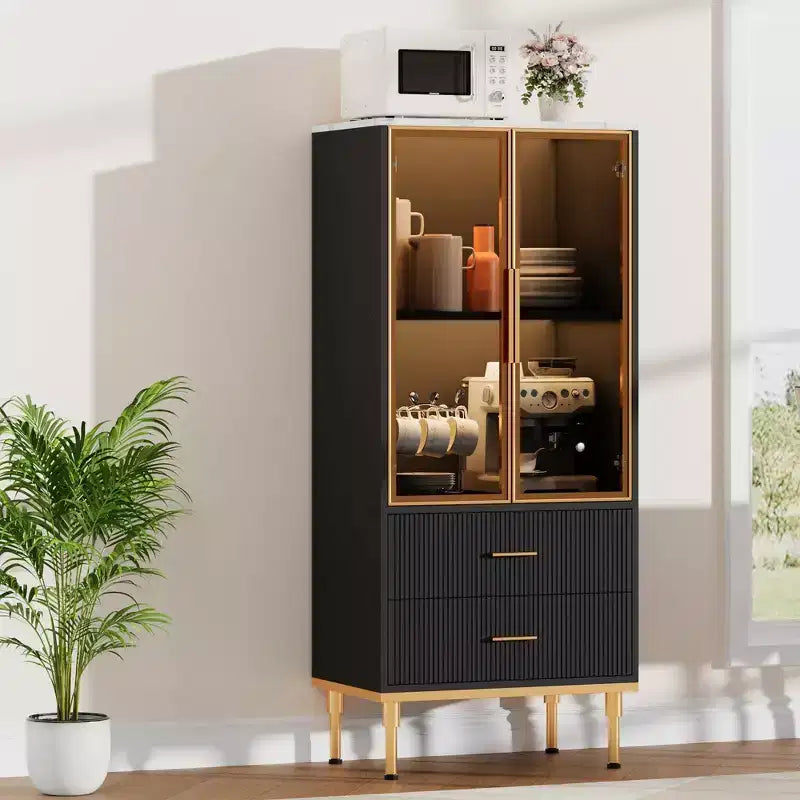 Vitrine cannelée avec porte en verre, meuble de rangement moderne avec 2 tiroirs pour salon et bureau