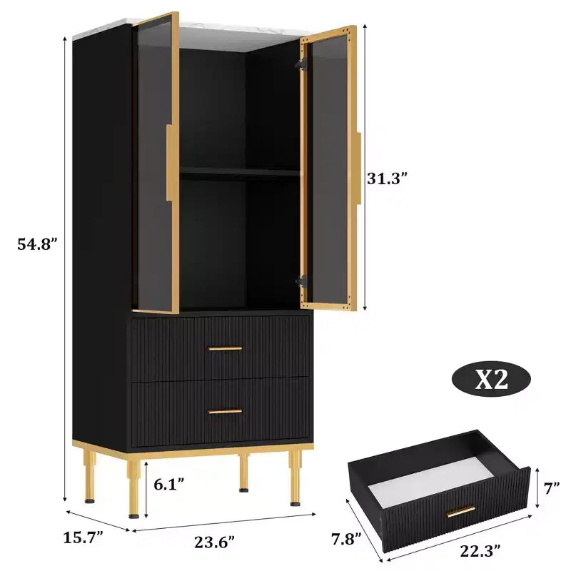 Vitrine cannelée avec porte en verre, meuble de rangement moderne avec 2 tiroirs pour salon et bureau