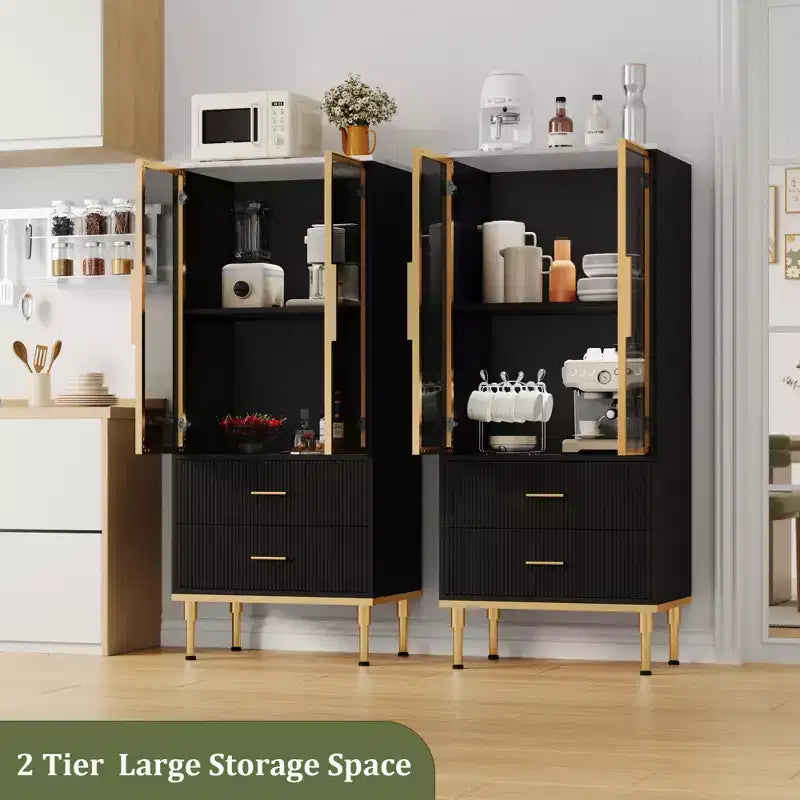 Vitrine cannelée avec porte en verre, meuble de rangement moderne avec 2 tiroirs pour salon et bureau