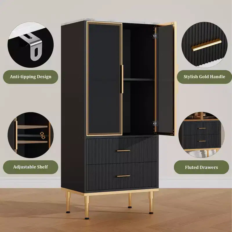 Vitrine cannelée avec porte en verre, meuble de rangement moderne avec 2 tiroirs pour salon et bureau