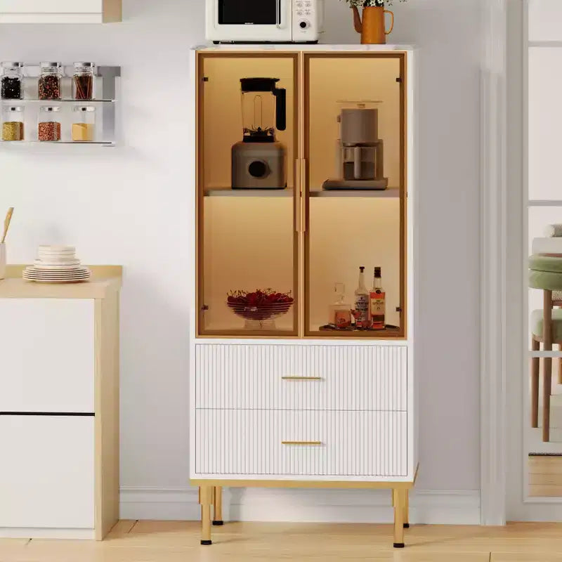 Vitrine cannelée avec porte en verre, meuble de rangement moderne avec 2 tiroirs pour salon et bureau