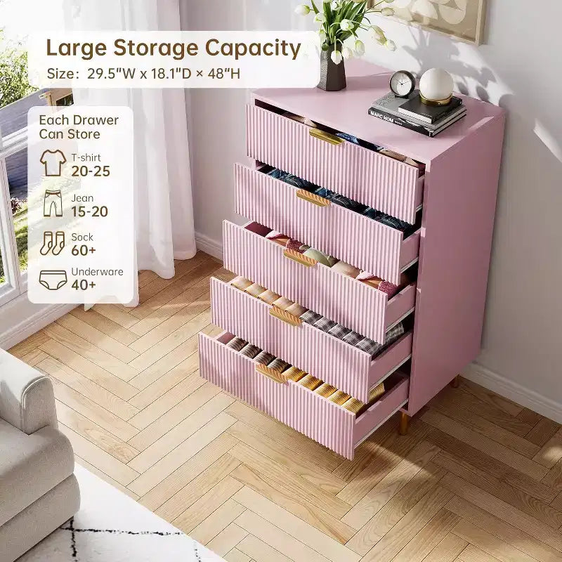 Commode à 5 tiroirs COZONY - 48 pouces, commode moderne haute avec poignées métalliques dorées, panneaux en bois cannelé, dispositif anti-basculement pour chambre, salon, couloir