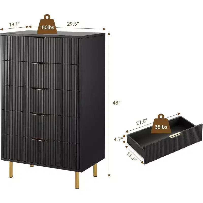 Commode à 5 tiroirs COZONY - 48 pouces, commode moderne haute avec poignées métalliques dorées, panneaux en bois cannelé, dispositif anti-basculement pour chambre, salon, couloir