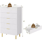 Commode à 5 tiroirs COZONY - 48 pouces, commode moderne haute avec poignées métalliques dorées, panneaux en bois cannelé, dispositif anti-basculement pour chambre, salon, couloir