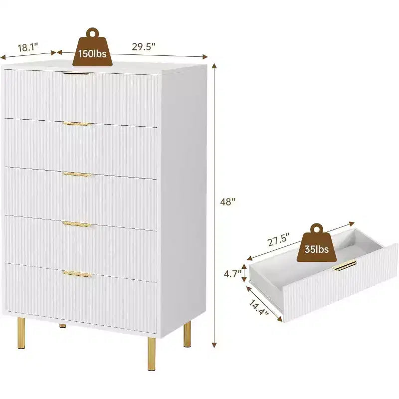 Commode à 5 tiroirs COZONY - 48 pouces, commode moderne haute avec poignées métalliques dorées, panneaux en bois cannelé, dispositif anti-basculement pour chambre, salon, couloir