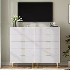 Commode à 5 tiroirs COZONY - 48 pouces, commode moderne haute avec poignées métalliques dorées, panneaux en bois cannelé, dispositif anti-basculement pour chambre, salon, couloir