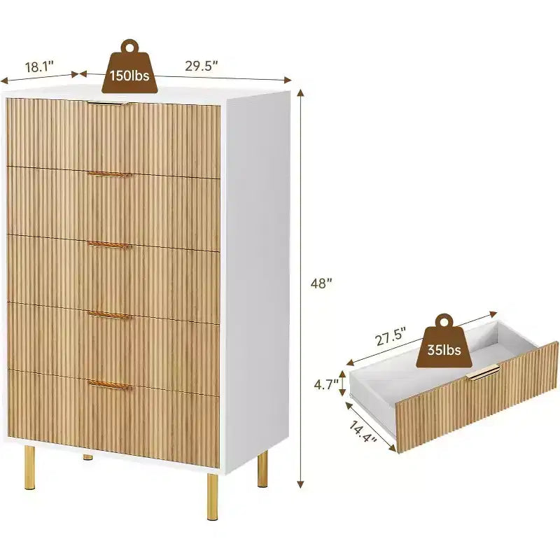 Commode à 5 tiroirs COZONY - 48 pouces, commode moderne haute avec poignées métalliques dorées, panneaux en bois cannelé, dispositif anti-basculement pour chambre, salon, couloir