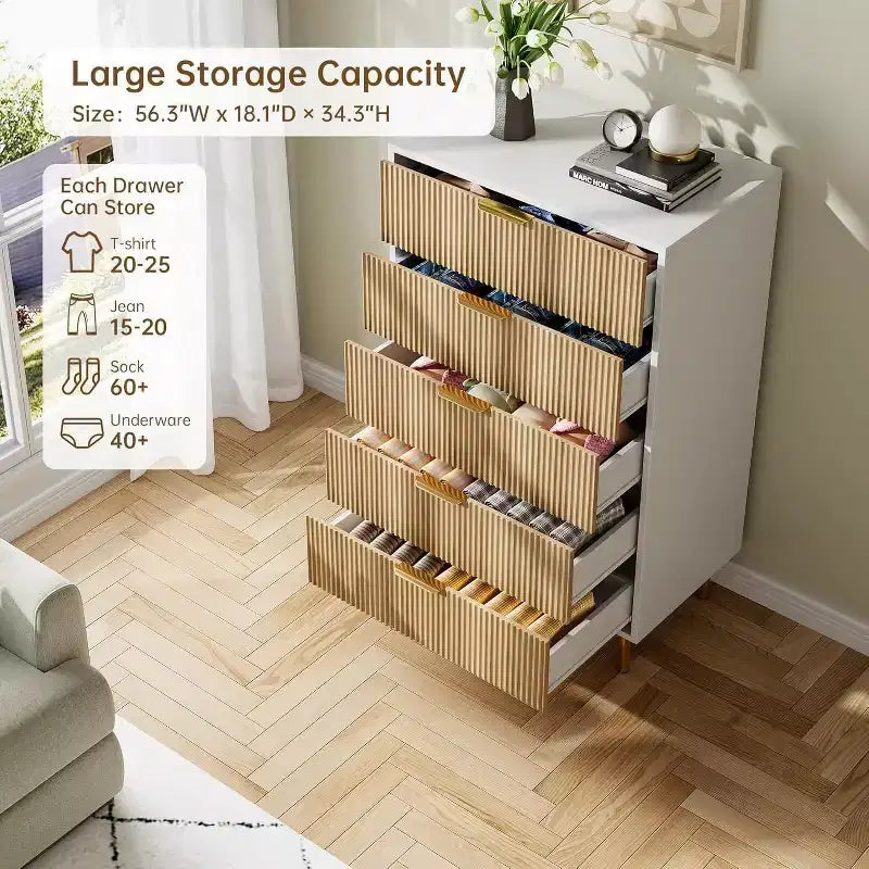 Commode à 5 tiroirs COZONY - 48 pouces, commode moderne haute avec poignées métalliques dorées, panneaux en bois cannelé, dispositif anti-basculement pour chambre, salon, couloir