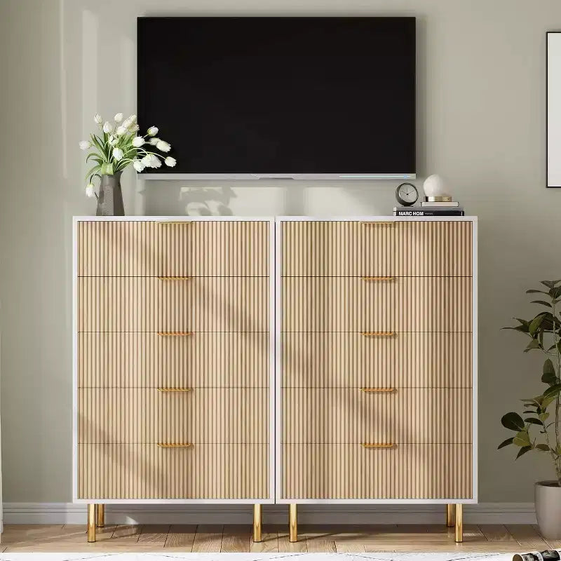 Commode à 5 tiroirs COZONY - 48 pouces, commode moderne haute avec poignées métalliques dorées, panneaux en bois cannelé, dispositif anti-basculement pour chambre, salon, couloir