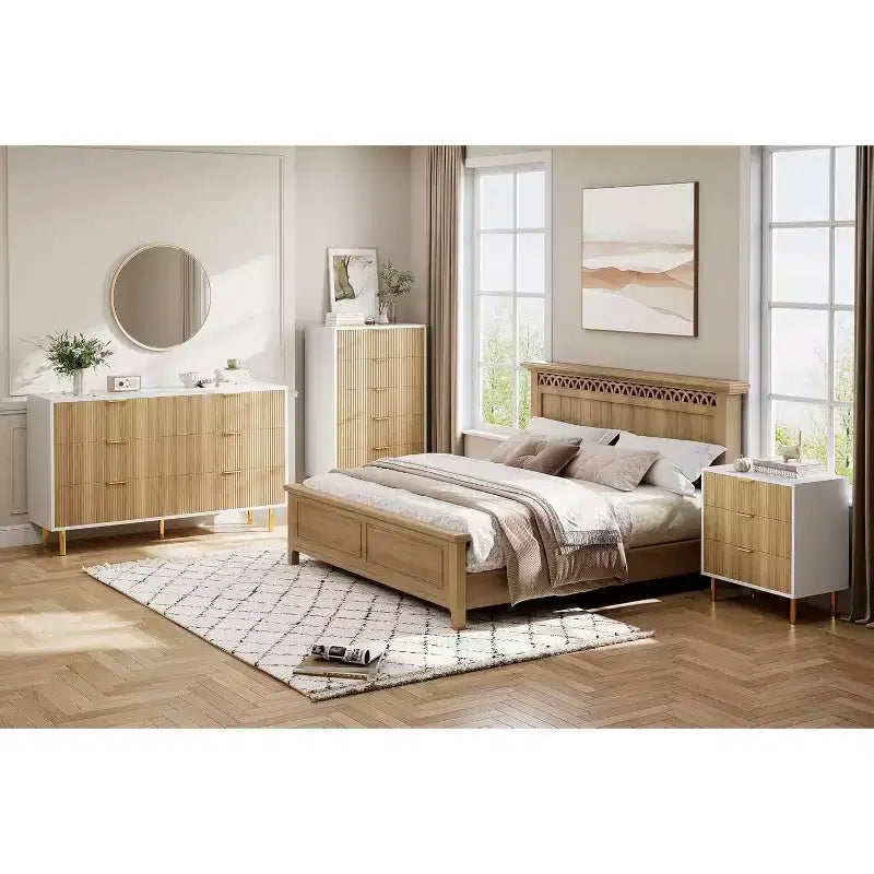 Commode à 5 tiroirs COZONY - 48 pouces, commode moderne haute avec poignées métalliques dorées, panneaux en bois cannelé, dispositif anti-basculement pour chambre, salon, couloir