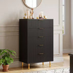 Commode à 5 tiroirs COZONY - 48 pouces, commode moderne haute avec poignées métalliques dorées, panneaux en bois cannelé, dispositif anti-basculement pour chambre, salon, couloir
