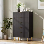 Commode à 5 tiroirs COZONY - 48 pouces, commode moderne haute avec poignées métalliques dorées, panneaux en bois cannelé, dispositif anti-basculement pour chambre, salon, couloir