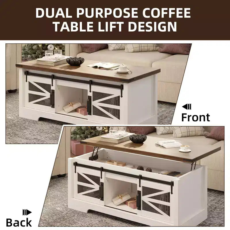 Table basse à plateau relevable avec rangement, style ferme de 120 cm avec porte coulissante de grange et compartiment caché, capacité de 68 kg pour salon et bureau