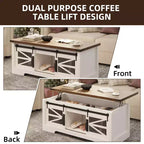 Table basse à plateau relevable avec rangement, style ferme de 120 cm avec porte coulissante de grange et compartiment caché, capacité de 68 kg pour salon et bureau