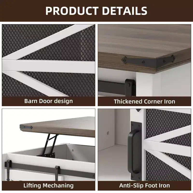 Table basse à plateau relevable avec rangement, style ferme de 120 cm avec porte coulissante de grange et compartiment caché, capacité de 68 kg pour salon et bureau