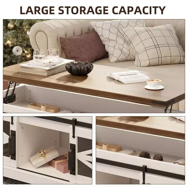 Table basse à plateau relevable avec rangement, style ferme de 120 cm avec porte coulissante de grange et compartiment caché, capacité de 68 kg pour salon et bureau