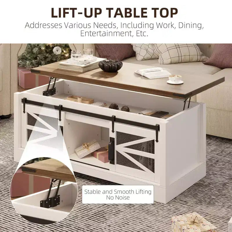 Table basse à plateau relevable avec rangement, style ferme de 120 cm avec porte coulissante de grange et compartiment caché, capacité de 68 kg pour salon et bureau