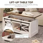 Table basse à plateau relevable avec rangement, style ferme de 120 cm avec porte coulissante de grange et compartiment caché, capacité de 68 kg pour salon et bureau