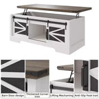 Table basse à plateau relevable avec rangement, style ferme de 120 cm avec porte coulissante de grange et compartiment caché, capacité de 68 kg pour salon et bureau