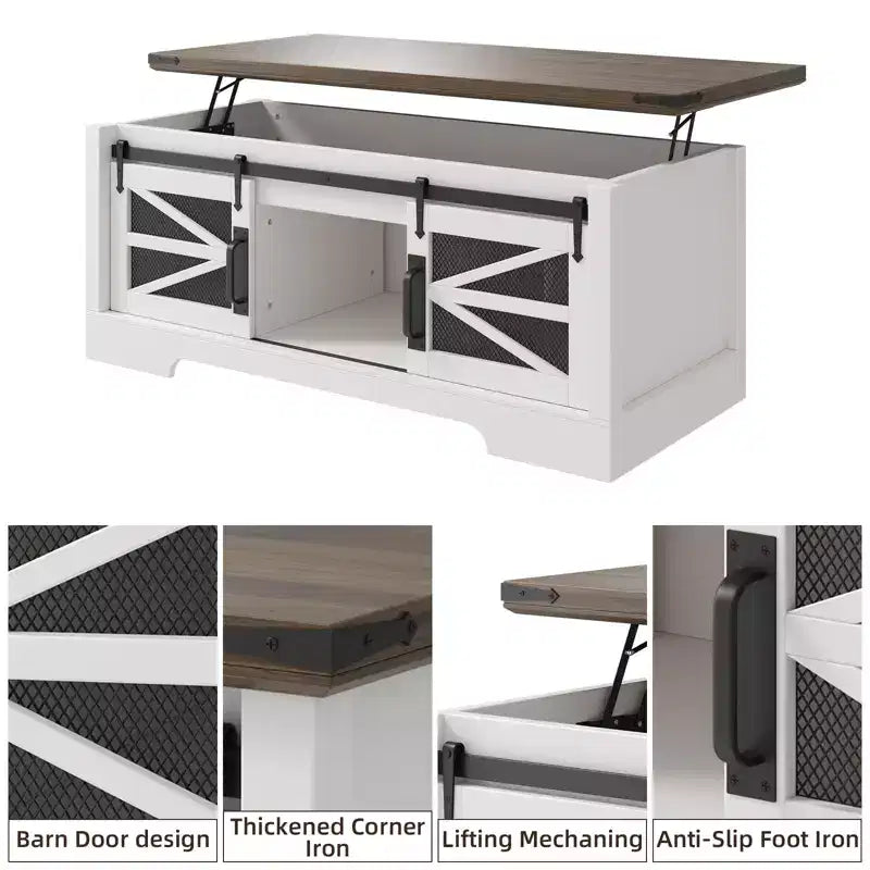 Table basse à plateau relevable avec rangement, style ferme de 120 cm avec porte coulissante de grange et compartiment caché, capacité de 68 kg pour salon et bureau