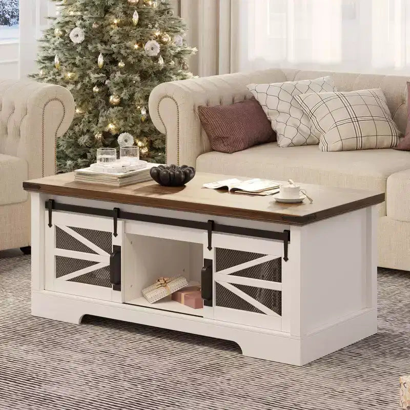 Table basse à plateau relevable avec rangement, style ferme de 120 cm avec porte coulissante de grange et compartiment caché, capacité de 68 kg pour salon et bureau