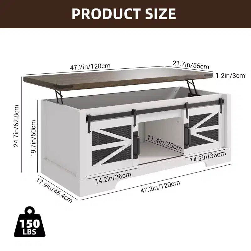 Table basse à plateau relevable avec rangement, style ferme de 120 cm avec porte coulissante de grange et compartiment caché, capacité de 68 kg pour salon et bureau