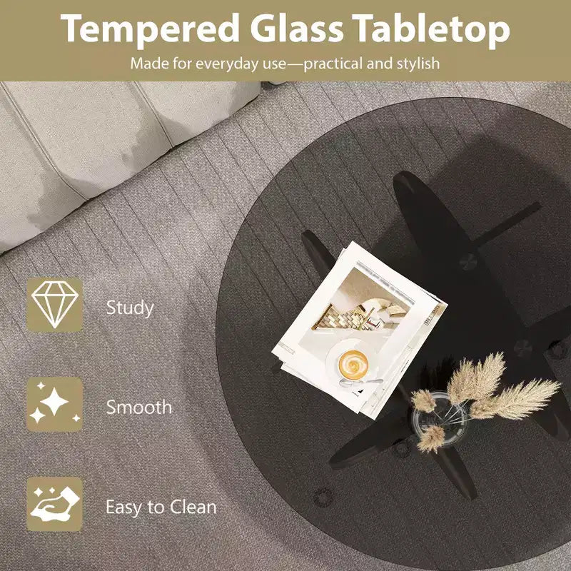 Table basse en verre, table basse ronde avec cadre en métal géométrique, table basse moderne minimaliste pour la décoration
