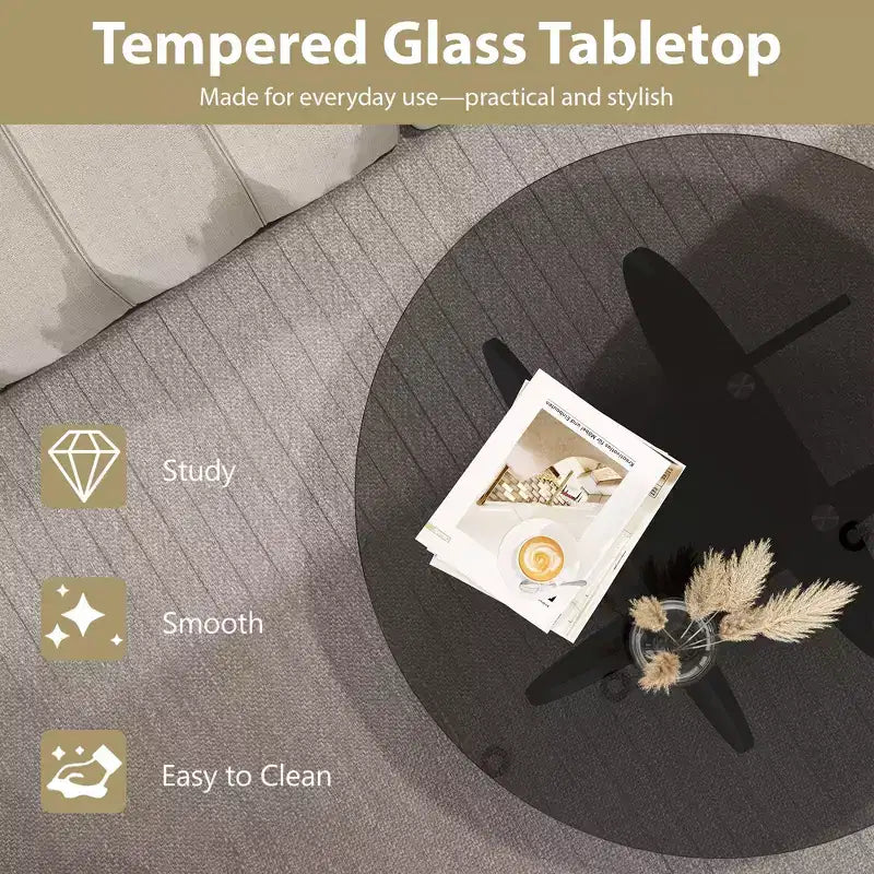 Table basse en verre, table basse ronde avec cadre en métal géométrique, table basse moderne minimaliste pour la décoration
