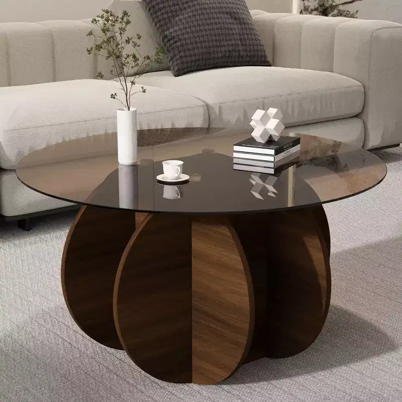 Table basse en verre, table basse ronde avec cadre en métal géométrique, table basse moderne minimaliste pour la décoration