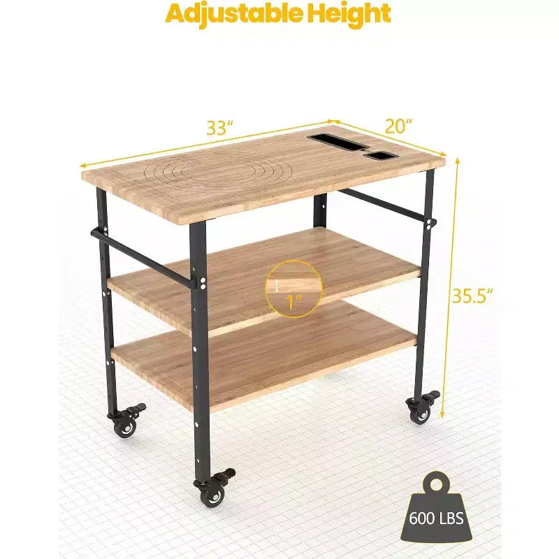 Table de four à pizza en bambou à 3 niveaux avec 4 roues, chariot de barbecue extérieur, table de préparation de nourriture de chariot de bar, table de barbecue de cuisine, couleur bois 84x51x90cm
