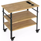 Table de four à pizza en bambou à 3 niveaux avec 4 roues, chariot de barbecue extérieur, table de préparation de nourriture de chariot de bar, table de barbecue de cuisine, couleur bois 84x51x90cm