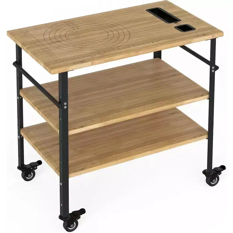 Table de four à pizza en bambou à 3 niveaux avec 4 roues, chariot de barbecue extérieur, table de préparation de nourriture de chariot de bar, table de barbecue de cuisine, couleur bois 84x51x90cm