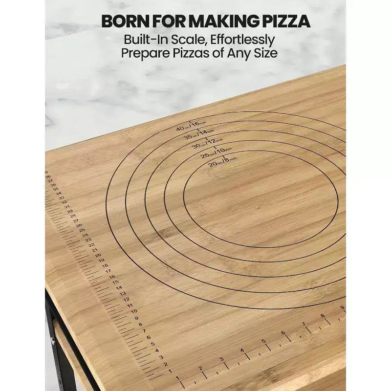 Table de four à pizza en bambou à 3 niveaux avec 4 roues, chariot de barbecue extérieur, table de préparation de nourriture de chariot de bar, table de barbecue de cuisine, couleur bois 84x51x90cm