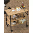 Table de four à pizza en bambou à 3 niveaux avec 4 roues, chariot de barbecue extérieur, table de préparation de nourriture de chariot de bar, table de barbecue de cuisine, couleur bois 84x51x90cm