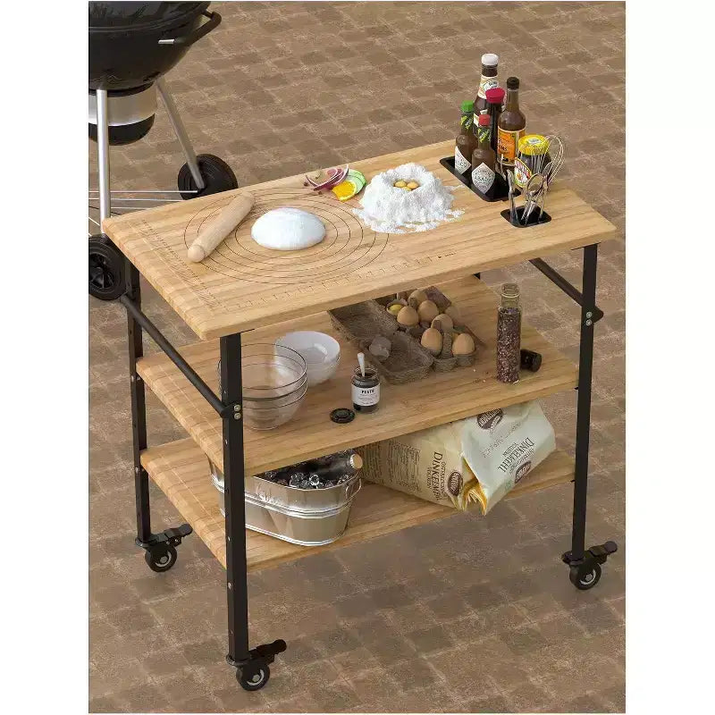 Table de four à pizza en bambou à 3 niveaux avec 4 roues, chariot de barbecue extérieur, table de préparation de nourriture de chariot de bar, table de barbecue de cuisine, couleur bois 84x51x90cm