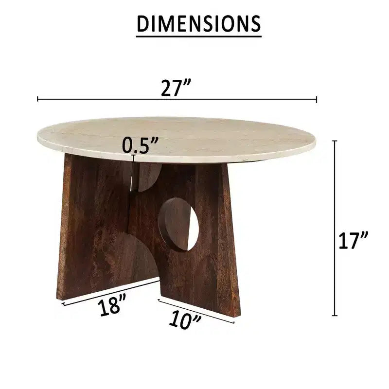 Table basse Royal Hampton, dessus en marbre rond naturel de 27 pouces, base sculpturale en bois de manguier
